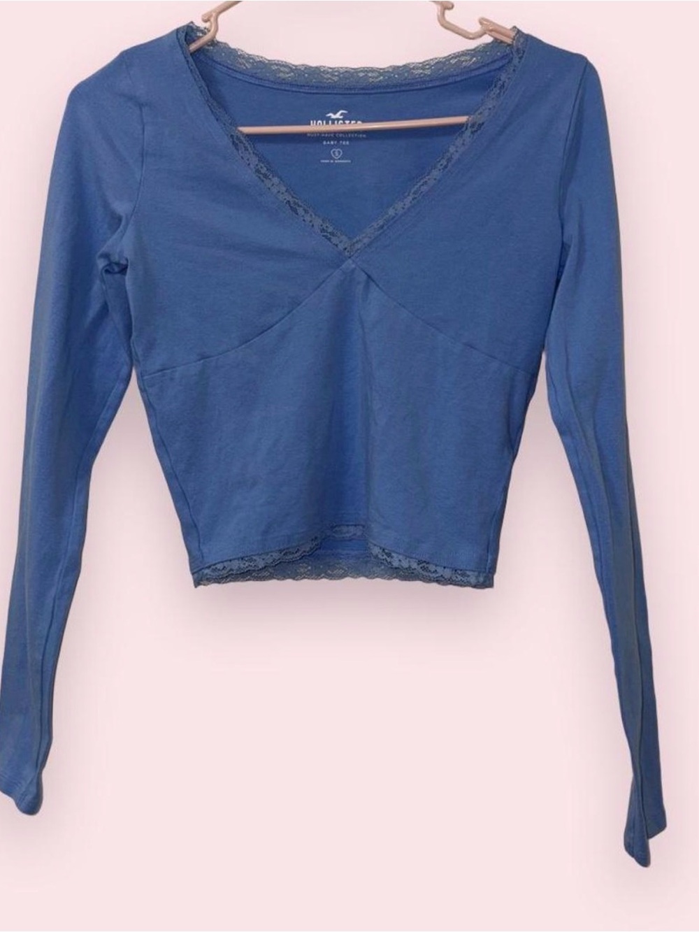 Hollister Blue Lace-Trim V-Neck Long Sleeve Top